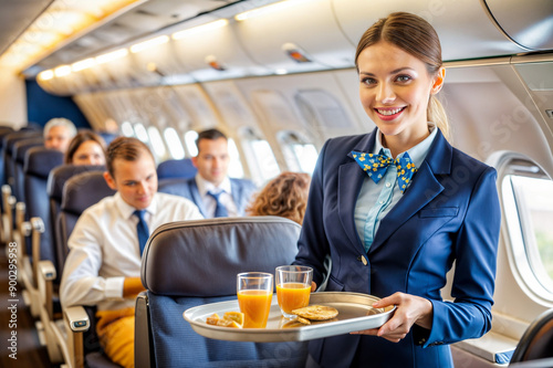 Smiling Flight Attendant Serving Refreshments to Passengers on Board