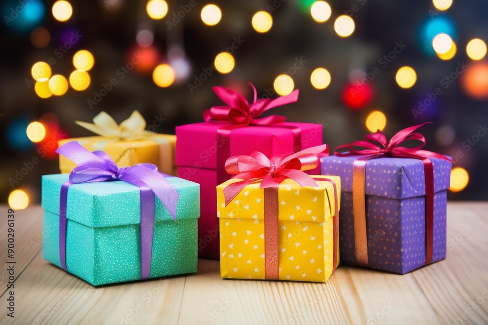 Colorful wrapped gifts with ribbons on a wooden table. Concept of giving, holiday joy, celebration, surprise. Background for Christmas, New Year Colorful wrapped gifts with ribbons on a wooden table. Concept of giving, holiday joy, celebration, surprise. Background for Christmas, New Year