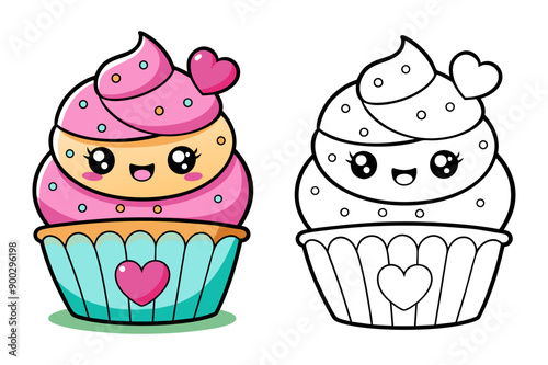 cupcake kawaii coloring page with white background