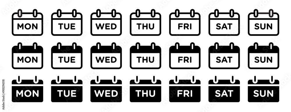 weekend calendar icon set. everyday or daily calendar sign. Monday, Tuesday, Wednesday, Thursday, Friday, Saturday, and Sunday. Mon, Tue, Wed, Thu, Fri, Sat, and Sun.