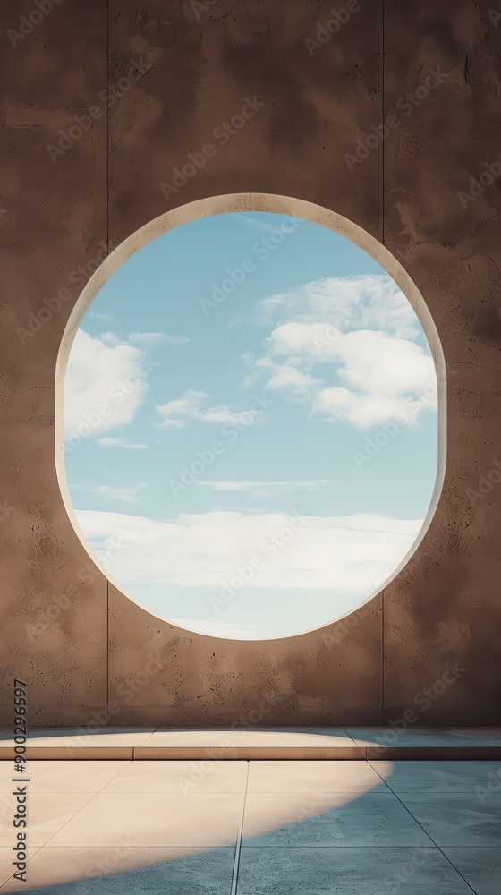 Fototapeta premium A minimalistic circular window view showcasing a serene sky, offering an inviting perspective to light and space.