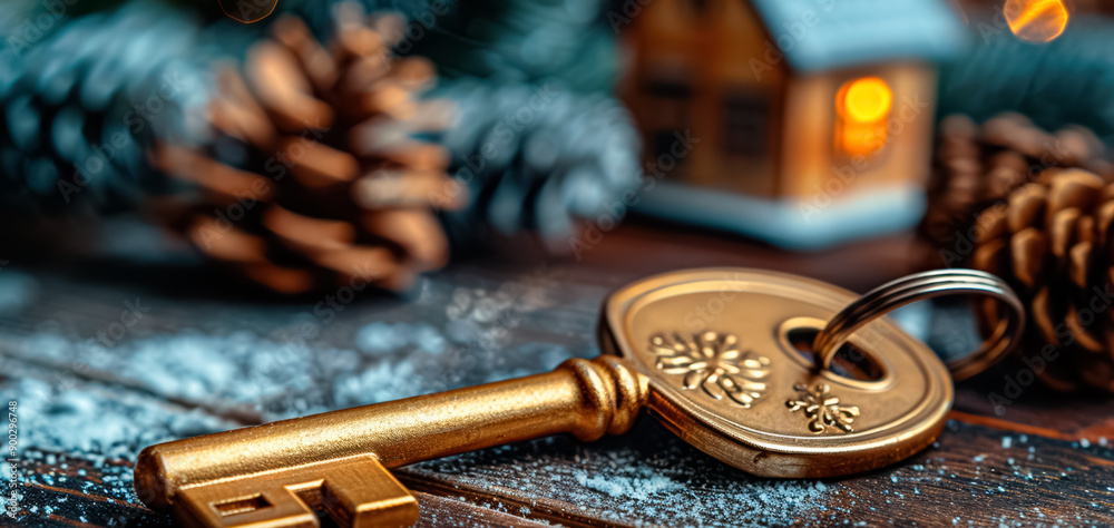 New Year concept with golden key and a cosy house New Year concept with golden key and a cosy house