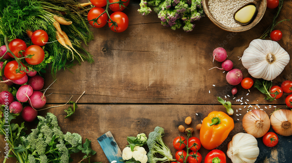A beautifully arranged plant-based meal on a rustic wooden table, featuring vibrant vegetables and grains A beautifully arranged plant-based meal on a rustic wooden table, featuring vibrant vegetables and grains