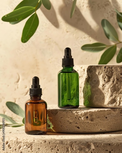 Stylish essential oil bottles on natural stone backdrop with greenery, perfect for wellness, beauty, or skincare themes.