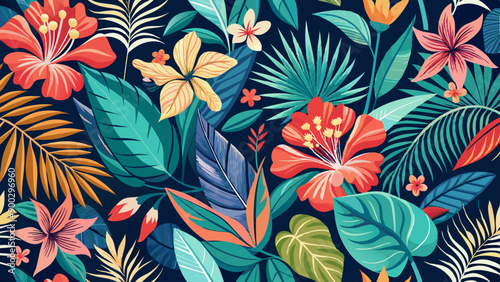 floral vector seamless pattern with blooming hibiscus and leaves. floral pattern textile tropical bicolor flowers and leaves