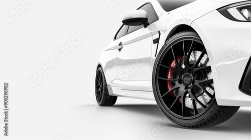 White car with black rims The car is on the right side of the picture, with a close-up of the wheel and bodywork. White background. Parked car with focus on the right rim and rear wheel.