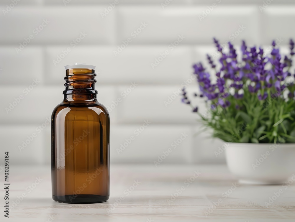 An elegant amber bottle beside a potted lavender plant, perfect for essential oils and natural remedies. An elegant amber bottle beside a potted lavender plant, perfect for essential oils and natural remedies.