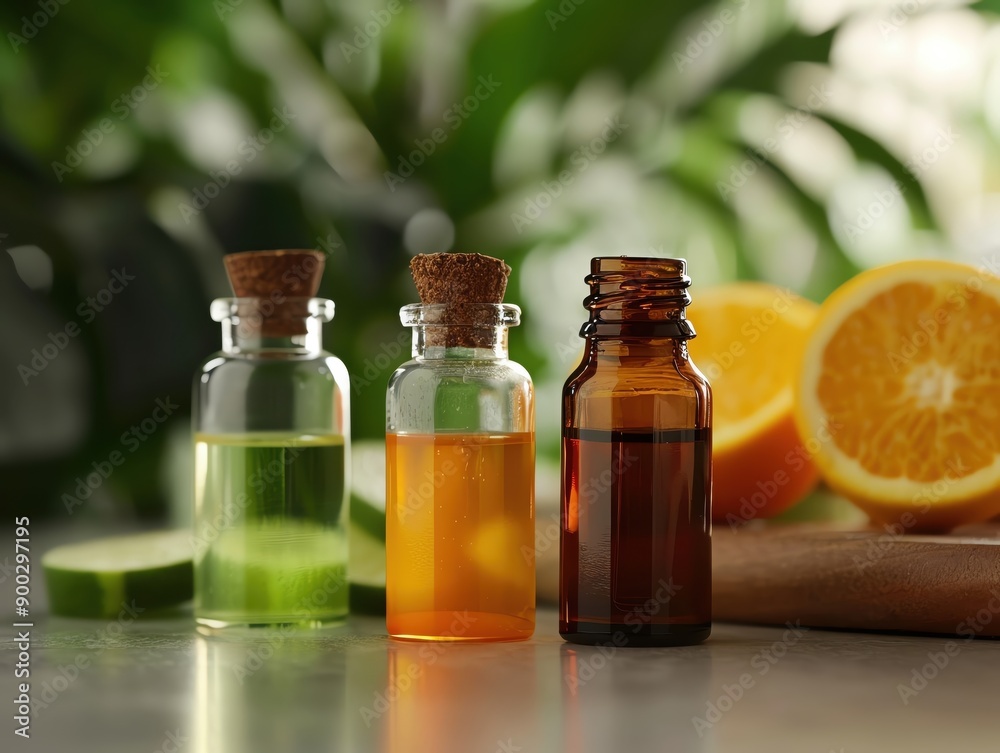 Bottles of essential oils surrounded by fresh fruits, showcasing vibrant colors and natural beauty. Bottles of essential oils surrounded by fresh fruits, showcasing vibrant colors and natural beauty.