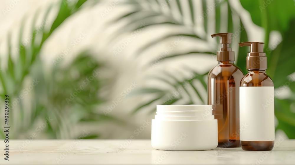 Collection of cosmetic bottles with blank labels, surrounded by lush green leaves, perfect for natural beauty or skincare products. Collection of cosmetic bottles with blank labels, surrounded by lush green leaves, perfect for natural beauty or skincare products.