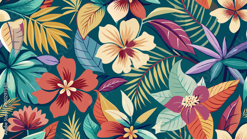 floral vector seamless pattern with blooming hibiscus and leaves. floral pattern textile tropical bicolor flowers and leaves