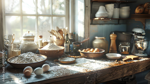 Wallpaper Mural Cozy Kitchen with Non-GMO Flour and Baking Ingredients on Rustic Table

 Torontodigital.ca