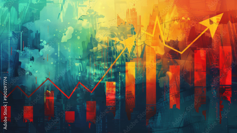 A colorful abstract painting with a red arrow pointing upwards and graph chart, investment concept A colorful abstract painting with a red arrow pointing upwards and graph chart, investment concept