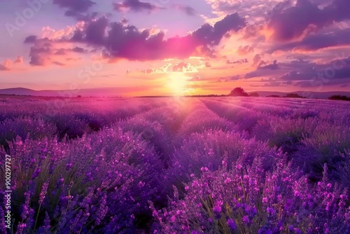 Landscape with violet lavender flower field at sunset. The enchanting beauty of Lavender Fields © Yeivaz