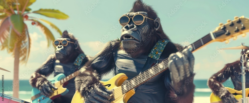 Funny 3d gorillas and monkeys play on guitar and drums. Rock party on sunny seaside. 3d rendering. Funny 3d gorillas and monkeys play on guitar and drums. Rock party on sunny seaside. 3d rendering.