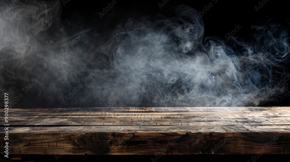 empty wooden table with smoke float up on dark background - generative ai empty wooden table with smoke float up on dark background - generative ai