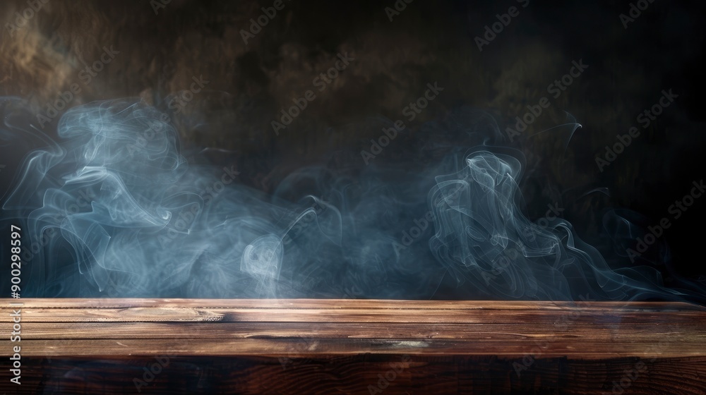 empty wooden table with smoke float up on dark background - generative ai empty wooden table with smoke float up on dark background - generative ai