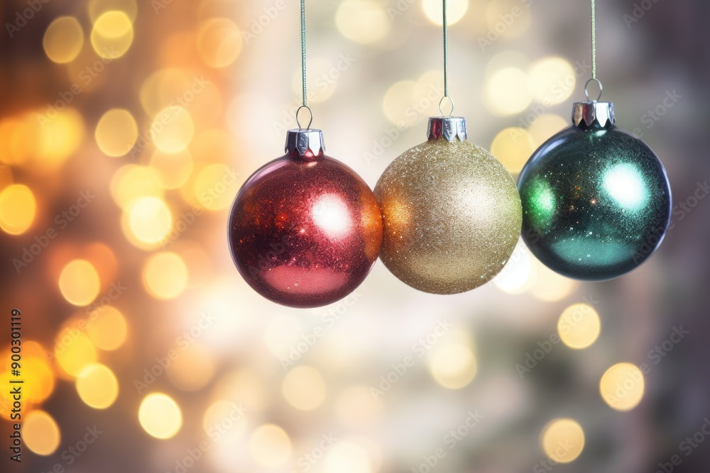 Three shiny Christmas ornaments hanging with soft lights in the background. Concept of decoration, holiday cheer, celebration, warmth. Christmas, New Year background with copy space Three shiny Christmas ornaments hanging with soft lights in the background. Concept of decoration, holiday cheer, celebration, warmth. Christmas, New Year background with copy space