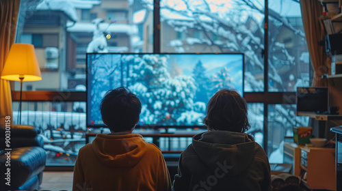 gen z kids watching tv indoor while winter snow outside
