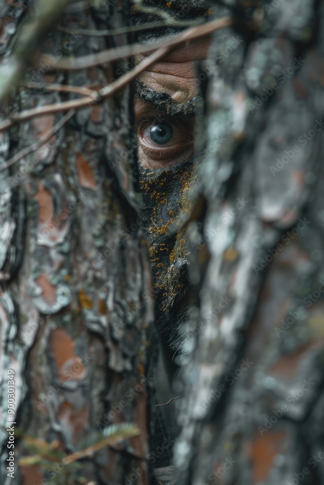 A person's face is seen peeking out from behind a tree, conveying a sense of hiding or secrecy A person's face is seen peeking out from behind a tree, conveying a sense of hiding or secrecy