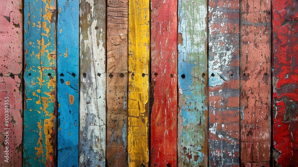 Old, grungy, colorful wood background - generative ai Old, grungy, colorful wood background - generative ai