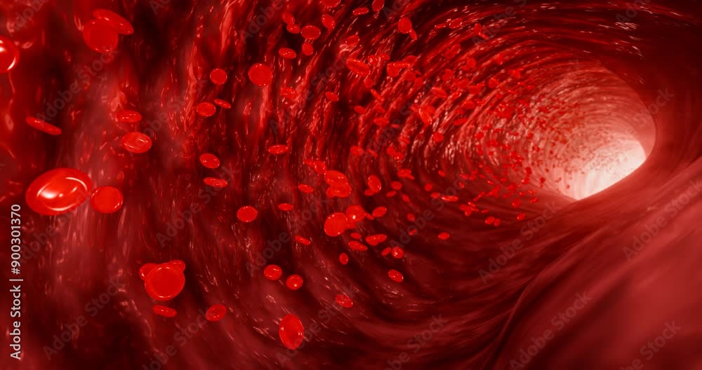 Red blood cells in an artery or blood vessel , flow inside body, medical human health-care. 3D Rendering.Blood cells in motion within an artery, showcasing scientific research, cardiovascular health