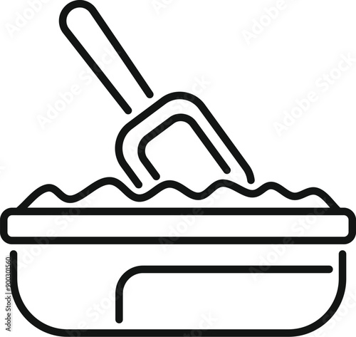 Simple line icon of a cat litter box with a scoop, perfect for pet care and hygiene related designs