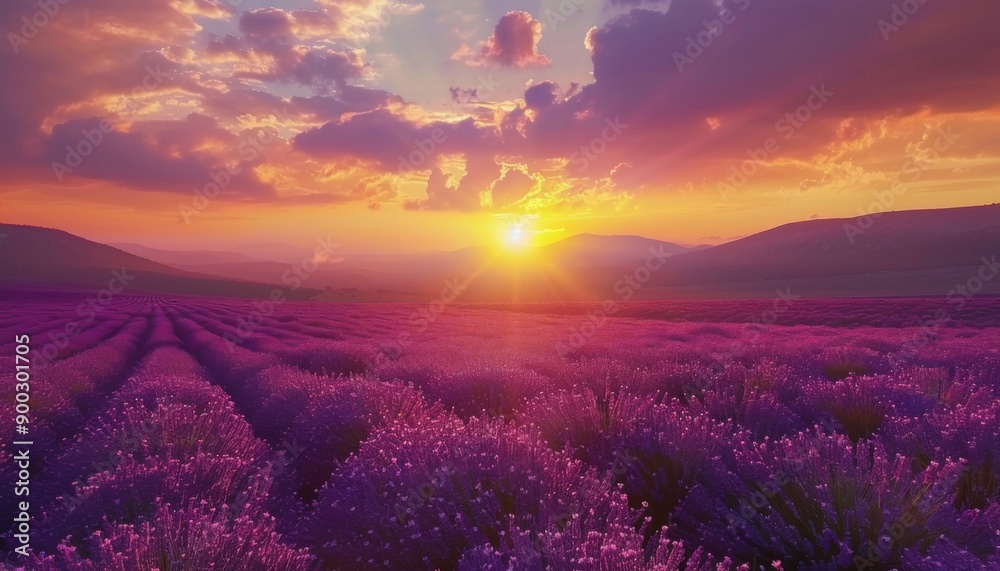 Fototapeta premium Landscape with violet lavender flower field at sunset. The enchanting beauty of Lavender Fields