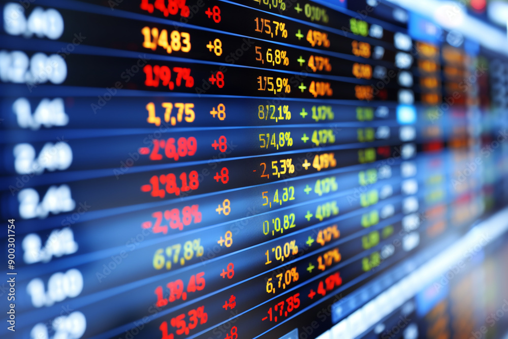 Stock market display screen showing financial data and quotes Stock market display screen showing financial data and quotes