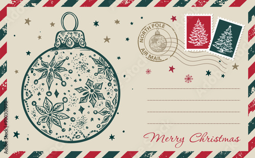 Christmas mail, postcard, hand drawn illustration.	
