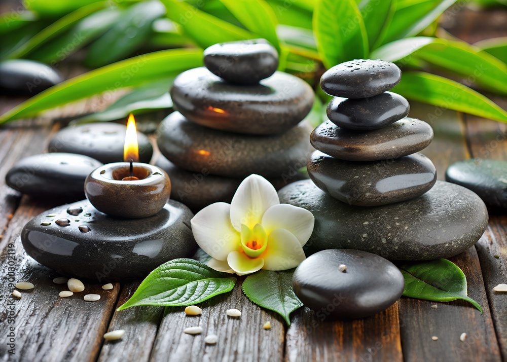 Obraz premium Balanced Zen stones with water droplets on wooden surface, orchid flower with green leaves, lit candle. A soothing spa composition with a calming atmosphere.