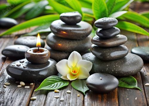 Balanced Zen stones with water droplets on wooden surface, orchid flower with green leaves, lit candle. A soothing spa composition with a calming atmosphere.