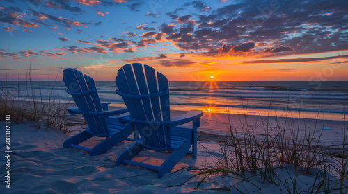 Two blue Adirondack chairs on a beach at sunset.