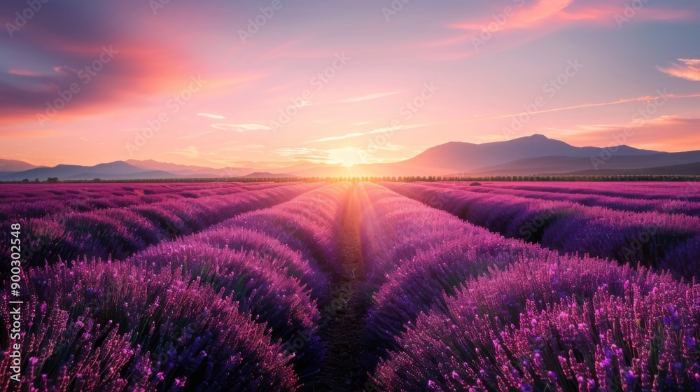 Fototapeta premium Landscape with violet lavender flower field at sunset. The enchanting beauty of Lavender Fields