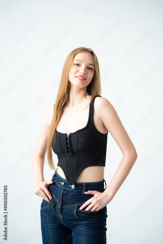 Woman wearing casual clothes poses on white background. Model agency snapshot Woman wearing casual clothes poses on white background. Model agency snapshot