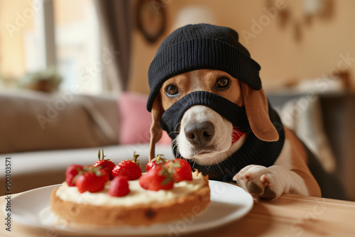 Beagle dog with a ski mask or black Balaclava on his head. Stealthily stealing cake from a plate on the table.