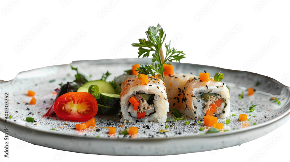 Exquisite Sushi Rolls Plated Artistically With Fresh Vegetables and Herbs on a Fine Dining Plate Exquisite Sushi Rolls Plated Artistically With Fresh Vegetables and Herbs on a Fine Dining Plate
