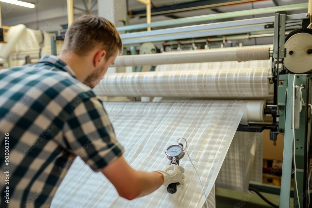 Worker Checking Quality of Fabric in Production Worker Checking Quality of Fabric in Production