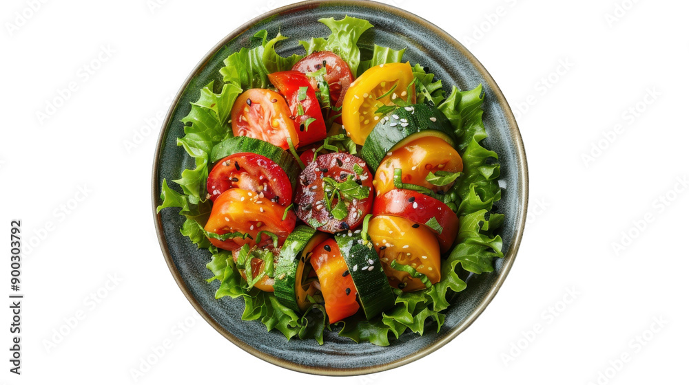 Freshly Plated Colorful Salad With Heirloom Tomatoes and Crisp Lettuce at a Rustic Kitchen Table Freshly Plated Colorful Salad With Heirloom Tomatoes and Crisp Lettuce at a Rustic Kitchen Table