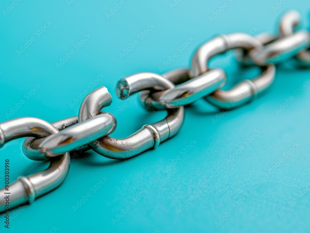 Fototapeta premium broken metal chain link on blue background - symbol of weakness, vulnerability, and disconnection.