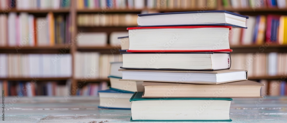stack of books on wooden table with blurred bookshelf background - knowledge, education, literature, reading, library, study, learning, wisdom, success, growth stack of books on wooden table with blurred bookshelf background - knowledge, education, literature, reading, library, study, learning, wisdom, success, growth
