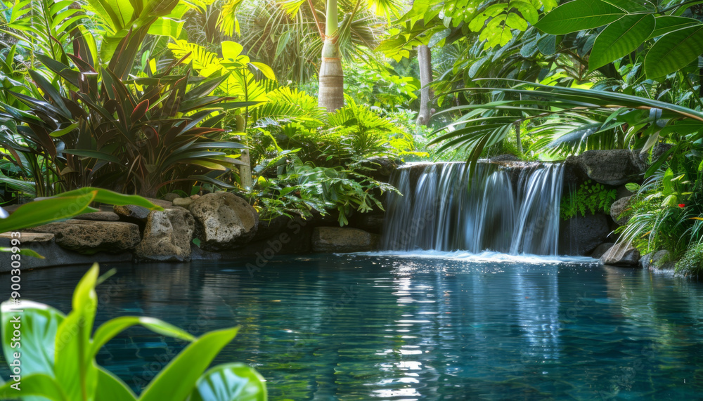 A serene scene of a waterfall cascading into a lush pond surrounded by vibrant tropical foliage