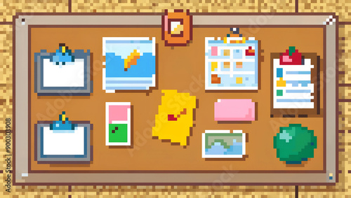 Pixel art illustration of bulletin board with school materials for Back to School