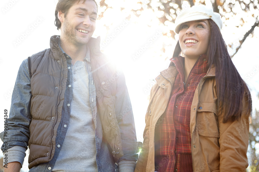 Woman, man and walk with nature for forest trip, bonding and travel in winter countryside. Smile, love and happy couple holding hands for morning holiday, vacation or woods park or hiking adventure Woman, man and walk with nature for forest trip, bonding and travel in winter countryside. Smile, love and happy couple holding hands for morning holiday, vacation or woods park or hiking adventure