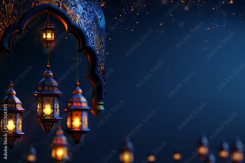 Obraz premium ramadan kareem lanterns, fanous, Islamic festival background of lanterns and stars, Spiritual lighting and decoration of Muslim. 3d illustration.