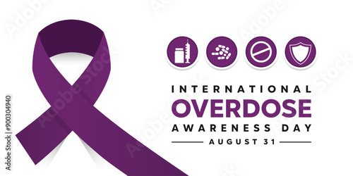 International Overdose Awareness Day. Ribbons, syringe, medications and more. Great for cards, banners, posters, social media and more. White background.