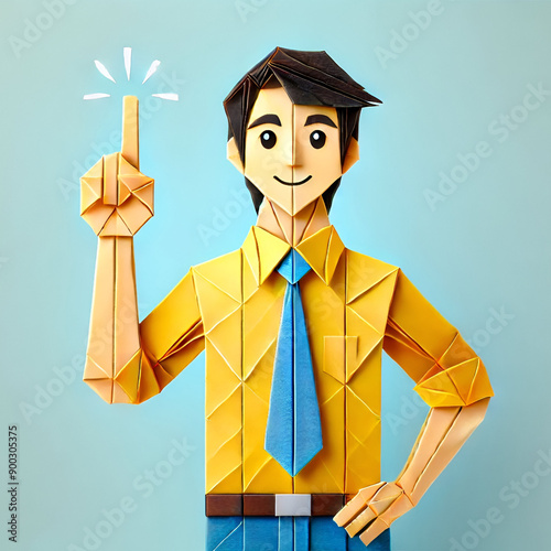 Origami Businessman Pointing Upwards in Yellow Shirt and Blue Tie with Smiling Expression