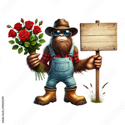 Cartoon Bigfoots Holding Flowers and Blank Signs, Cute cartoon bigfoots wearing sunglasses and overalls, each holding different bouquets of flowers and blank wooden signs.
