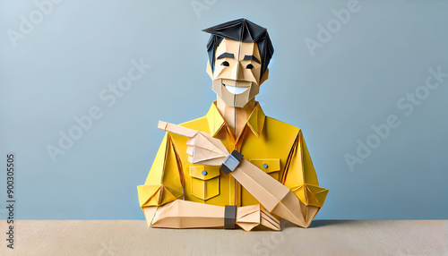Origami Businessman Pointing Upwards in Yellow Shirt and Blue Tie with Smiling Expression