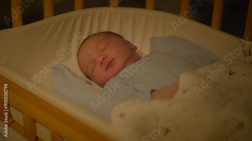 Newborn baby sleeping in crib at night, wrapped in cozy blanket, symbolizing care and tranquility