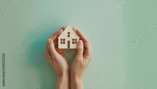 Hands of spouses holding figure of house on green background